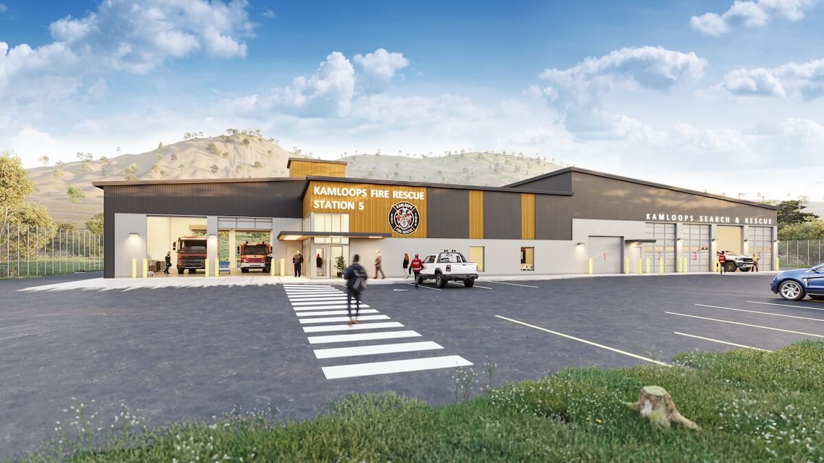 Kamloops Fire Rescue Station 5 and Kamloops Search and Rescue facility exterior with emergency vehicles and mountainous landscape backdrop