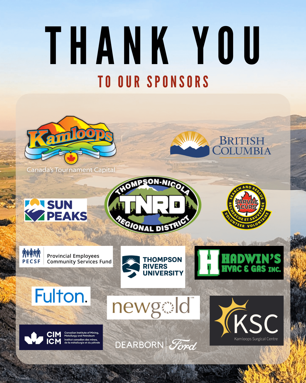 Kamloops Search and Rescue sponsor thank you graphic featuring local partners, government organizations, and community supporters